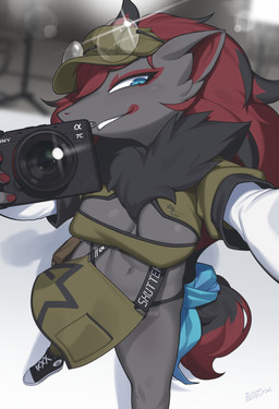 anthro areola biped black_body black_fur blue_eyes breasts camera claws clothed clothed_anthro clothed_female clothing exposed_breasts eyewear female female_anthro finger_claws fingers footwear front_view fur glasses grey_body grey_fur hair hat headgear headwear holding_camera holding_object inside looking_at_viewer medium_breasts navel nipples red_claws red_hair shoes solo standing teeth zinfyu nintendo pokemon sony_corporation sony_pictures generation_5_pokemon pokemon_(species) zoroark 2026 absurd_res digital_drawing_(artwork) digital_media_(artwork) hi_res