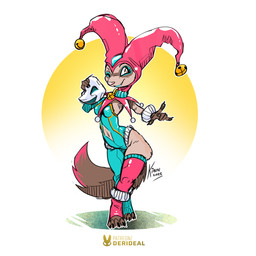 anthro breasts clothed clothed_female clothing cutout facial_markings female fur head_markings jester_outfit markings mask mask_(marking) navel navel_cutout one_eye_closed pink_nose solo tail tan_body tan_fur wink kiaun derideal mix_(derideal) domestic_ferret mammal mustelid musteline true_musteline weasel 1:1 2025 hi_res