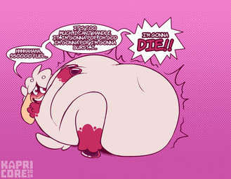ambiguous_gender anthro belly belly_inflation blush close_to_bursting dialogue eyebrow_through_hair eyebrows hair heart_eyes heart_symbol hooves imminent_death inflation linked_speech_bubble logo lying motion_lines on_back open_mouth open_smile pointy_speech_bubble smile solo speech_bubble text translucent translucent_hair willing_death kapricore bovid caprine mammal sheep 2024 artist_logo dated digital_drawing_(artwork) digital_media_(artwork) english_description english_text hi_res