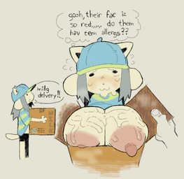 :3 anthro areola big_breasts big_nipples blush bodily_fluids box breast_squish breasts clothing container disembodied_hand female grey_hair hair hat headgear headwear huge_breasts hyper hyper_breasts looking_at_viewer musk musk_clouds nervous nipples plain_color puffy_areola puffy_nipples simple_background skinny solo solo_focus speech_bubble squish sweat sweaty_breasts top_heavy white_body offmoss1 undertale undertale_(series) temmie_(undertale) tem hi_res sequence