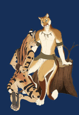 andromorph anthro arms_tied bound brown_body brown_fur captured duo fur green_eyes intersex intersex/male kneeling knife_sheath male plant simple_background sitting transparent_background tree tree_trunk tribal tribal_clothing white_body white_fur skullsbesan kalshan_(purrma) rikki_(purrma) cougar felid feline mammal serval 2025 absurd_res alpha_channel hi_res