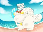 anthro beach belly big_belly bulge clothing cloud kemono male moobs outside overweight overweight_male solo swimwear water young gabu2929 asian_mythology east_asian_mythology japanese_mythology lifewonders mythology tokyo_afterschool_summoners agyo_(tas) foo_dog komainu mammal yokai 2025 absurd_res hi_res