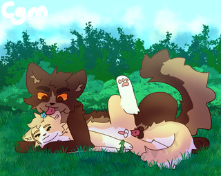 >_< anal anal_penetration animal_genitalia ball_tuft bdsm black_nose blue_flower bondage bound brown_body brown_fur detailed_background dominant dominant_male duo eyes_closed facial_scar feline_genitalia feral flower flower_accessory fur genitals grass larger_dom licking lying male male/male on_side pawpads penetration penile_spines penis pink_nose pink_pawpads plant raised_leg scar sex size_difference submissive submissive_male tan_body tan_fur tongue tuft vine_bondage white_body white_fur cgm warriors_(book_series) oakfur_(cgm) pearlheart_(cgm) domestic_cat felid feline felis mammal 5:4 hi_res shaded