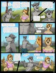 abs absurd_res anthro arm_grab bird_dog blonde_hair blue_bottomwear blue_clothing blue_pants bottomwear brown_eyes canid canine canis clothed clothing comic cooper_estevez crop_top crossdressing dialogue domestic_dog dragging duo ears_back english_text extended_arm femboy front_view fur gesture grass green_bottomwear green_clothing green_eyes green_pants grey_body grey_fur grey_hair hair hand_gesture hi_res hunting_dog jackaloo looking_up male mammal muscular muscular_anthro muscular_male nonbinary_(lore) one_eye_closed outside panel_skew pants pecs pink_clothing pink_topwear pivoted_ears plant pointing pointing_at_another profanity retriever river_lakes shirt side_view sky skyline smile smug tan_body tan_fur text topless topless_male topwear tree wink wolf