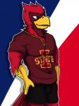 anthro beak black_bottomwear black_clothing black_shorts bottomwear bulge clothing feathers hand_on_hip male mascot muscular muscular_anthro muscular_male pecs red_body red_clothing red_eyes red_feathers red_shirt red_topwear shirt shorts simple_background solo topwear yellow_beak arrwulf college_football iowa_state_university ncaa cy_the_cardinal avian bird cardinal_(bird) northern_cardinal oscine passerine 3:4 hi_res