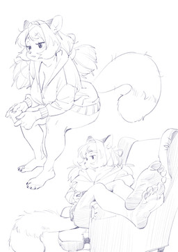 anthro bottomless breasts chair claws cleavage clothed clothing controller dipstick_tail ears_up feet female foot_focus furniture game_controller gaming hair hoodie hoodie_only long_hair markings multiple_poses on_chair pose sitting sitting_on_chair solo tail tail_markings toe_claws toes topwear topwear_only aruurara satori_(aruurara) canid canine mammal raccoon_dog hi_res sketch