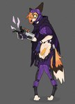 4_toes 5_fingers accident accidental_exposure anthro armor balls barefoot biped black_body black_ears black_fur black_nose blush blush_lines broken_weapon claws cloak clothed clothing digitigrade ears_back embarrassed eyeliner feet femboy fingers foreskin fur futuristic_armor futuristic_gun genitals glans gun hair hair_over_eye half-erect hindpaw holding_object holding_weapon looking_at_viewer makeup male mascara no_underwear orange_body orange_fur orange_hair paws penis pivoted_ears pockets purple_armor purple_cloak purple_clothing railgun ranged_weapon shocked solo spiral_eyes squiggle_mouth tan_body tan_fur toe_claws toes torn_clothing wardrobe_malfunction weapon white_balls white_body white_claws white_fur wide_eyed yellow_penis roonefox roone_(rvnatics) canid canine fox mammal 2024 digital_media_(artwork) hi_res