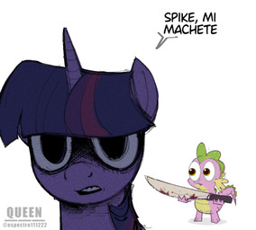 blood bodily_fluids creepy_face duo eyes_emoji female feral gums horn machete male melee_weapon menancing simple_background weapon espectro111222 friendship_is_magic hasbro my_little_pony mythology spike_(mlp) twilight_sparkle_(mlp) dragon equid equine mammal mythological_creature mythological_equine mythological_scalie scalie unicorn