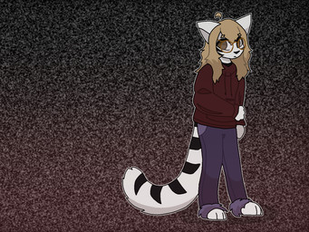 anthro black_body black_fur blonde_hair blue_bottomwear blue_clothing blue_jeans blue_pants bottomwear brown_eyes clothing denim denim_bottomwear denim_clothing eyewear female fur glasses hair hoodie jeans pants paranoid red_clothing red_hoodie red_topwear solo static static_background striped_body striped_fur stripes topwear white_body white_fur ashblondekittyy ashlyn_(ashblondekitty) domestic_cat felid feline felis mammal trans_(lore) trans_woman_(lore)