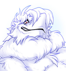 ears_back fur hair looking_at_viewer manly muscular neck_tuft pivoted_ears red_eyes sharp_teeth smile solo teeth tuft white_body white_fur bariesuterram sergal bust_portrait hi_res portrait