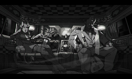 2_horns 5_fingers arm_support arm_tattoo arms_bent axe bald bangs bent_legs black_clothing black_dress_shirt black_facial_hair black_footwear black_goatee black_high_heels black_legwear black_stockings bottomwear breasts building button_(fastener) car cigar cigar_smoke city clothed clothed_female clothed_humanoid clothed_male clothing crossed_legs crystal_ball digit_ring duo eyewear facial_hair female female_humanoid finger_ring fingers footwear fully_clothed fully_clothed_female fully_clothed_humanoid fully_clothed_male glasses goatee grey_body grey_bottomwear grey_clothing grey_necktie grey_pants grey_sclera grey_skin grey_skirt grey_suit grey_tail hair high_heels holding_cigar holding_object horn humanoid_pointy_ears inside_car inside_vehicle jewelry leaning_on_elbow leg_tattoo legwear light lollipop_in_mouth long_hair male male_humanoid melee_weapon necktie not_furry pants pointy_ears scarf shoes sitting sitting_in_car skirt smoke spade_tail stockings suit sword tail tattoo vehicle weapon white_eyes white_scarf luke_viljoen demon demon_humanoid horned_humanoid humanoid tailed_humanoid 2020 absurd_res digital_drawing_(artwork) digital_media_(artwork) english_description greyscale hi_res letterbox lighting monochrome shaded