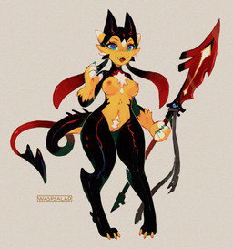 anthro breasts claws fangs female genitals glistening glistening_body halberd holding_object holding_weapon horn melee_weapon navel nipples nude open_mouth polearm shortstack shortstack_female simple_background solo spikes teeth vulva weapon waspsalad demon hybrid imp kobold scalie 2021 digital_media_(artwork) hi_res