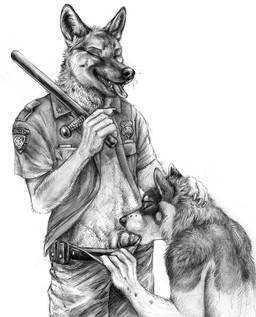 anthro belt bottomwear claws clothed clothed_sex clothing duo eyes_closed fellatio finger_claws fur genitals hand_on_head holding_object holding_weapon knot knotted_penis male male/male nude nude_anthro nude_male open_clothing open_shirt open_topwear oral pants penile penis pointy_ears police police_baton police_uniform prick_ears sex shirt simple_background tongue tongue_out topwear uniform weapon white_background blotch scratches_volume_6 canid canine canis domestic_dog german_shepherd herding_dog husky mammal nordic_sled_dog pastoral_dog spitz 2012 hi_res monochrome traditional_media_(artwork)