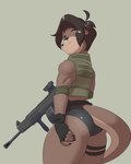 ahoge anthro assault_rifle big_butt black_bottomwear black_claws black_clothing black_gloves black_hair black_handwear black_shorts bottomwear brown_body brown_fur bulletproof_vest butt claws clothing drum_magazine femboy finger_claws fingerless_gloves fur gloves green_clothing green_eyes green_topwear green_vest gun hair half-closed_eyes hand_on_leg hand_on_thigh handwear holding_gun holding_object holding_ranged_weapon holding_weapon hotpants looking_at_viewer looking_back male muscular muscular_anthro muscular_femboy muscular_male narrowed_eyes pupils ranged_weapon rear_view rifle shorts solo tan_body tan_fur thick_thighs tight_clothing topwear vest weapon mr-shin shin_(mr-shin) mammal mustelid otter river_otter 2024 4:5 hi_res