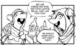 alcohol anthro belt beverage buckteeth cheese clothed clothing comment dairy_products dialogue duo female food gesture hand_gesture hood humor male notched_ear pointing simple_background smile talking_to_viewer teeth text white_background wine mcnostril warhammer_(franchise) warhammer_fantasy mammal murid murine rat rodent skaven comic english_text low_res monochrome