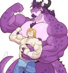 abs anthro arm_hair beard big_muscles big_pecs blonde_hair body_hair carrying_another carrying_partner chest_hair clothed clothing dragon_ears ear_piercing ear_ring erect_nipples facial_hair flexing hair hand_holding holding_partner horn hug huge_muscles human_on_anthro interspecies intimate larger_anthro larger_male long_hair male male/male markings muscular muscular_anthro muscular_human muscular_male nipples nude pecs piercing purple_body purple_hair ring_piercing romantic romantic_couple sideburns size_difference smaller_human smaller_male spikes spikes_(anatomy) spots spotted_body topless topless_male same22shark mythology dragon human mammal mythological_creature mythological_scalie scalie hi_res