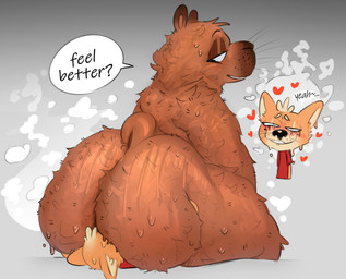 anthro big_butt bodily_fluids butt clothed clothed/nude clothing dialogue duo facesitting grey_background heart_symbol huge_butt looking_back looking_pleasured male male/male musk musk_drunk musky_butt nude simple_background sitting sitting_on_another size_difference slightly_chubby slightly_chubby_anthro slightly_chubby_male sweat sweaty_butt text thick_thighs iamapoliceman canid canine canis capybara caviid domestic_dog mammal rodent hi_res