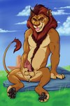 anthro balls erection eyes_closed feet genitals hindpaw humanoid_genitalia humanoid_penis looking_at_viewer male nude pawpads paws penis semi-anthro sitting smile solo tongue tongue_out amonomega disney the_lion_guard the_lion_king strange_lion felid lion mammal pantherine 2:3