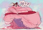 belly big_belly big_breasts bodily_fluids breasts clothed clothing female food hennin huge_breasts morbidly_obese morbidly_obese_female not_furry obese obese_female overweight overweight_female solo sweat text fuzzywooly cuphead_(game) baroness_von_bon_bon food_creature 2019 digital_media_(artwork) english_text