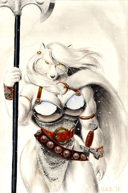 anthro armband armor axe belt black_nose boob_armor bra_armor bracers breasts cape chainmail clothing ear_piercing fantasy female fur greataxe hair looking_at_viewer melee_weapon outside piercing polearm snow solo sword warrior weapon white_body white_fur white_hair yellow_eyes richard_bartrop canid canine canis mammal wolf