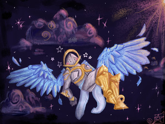 ambiguous_gender anthro armor armwear black_body black_skin blue_body blue_feathers blush blush_stickers boots bottomwear breastplate cheek_blush clothing cloud detailed_background feathered_wings feathers female flying footwear glistening glistening_armor glistening_eyes gold_(metal) gold_armor halo headgear helmet light logo loincloth loincloth_down metal night plate_armor shoes shoulder_pads silver_(metal) silver_armor sky solo spiral_blush star vignette warm_lighting wings wrinkles_in_clothes nacurenyzernomex new_blood_interactive ultrakill power_(ultrakill) angel biblically_accurate_angel humanoid 4:3 artist_logo detailed shaded signature soft_shading warm_colors male_(lore)