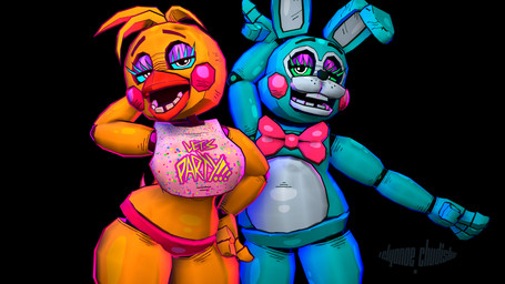 4_fingers anthro beak bib big_breasts black_background blue_body blue_eyelashes blue_sclera bow_tie breasts buckteeth clothing duo eyelashes eyeshadow female fingers glistening glistening_body green_eyelashes green_sclera half-closed_eyes hand_behind_head hand_on_hip looking_at_viewer machine makeup male narrowed_eyes non-mammal_breasts open_mouth panties pink_clothing pink_panties pink_underwear purple_eyeshadow red_bow_tie simple_background teeth text thick_thighs underwear white_eyes wide_hips yellow_body zelyonka cryptiacurves_(modeler) five_nights_at_freddy's five_nights_at_freddy's_2 scottgames toy_bonnie_(fnaf) toy_chica_(fnaf) animatronic avian bird chicken galliform lagomorph leporid mammal phasianid rabbit robot robot_anthro 16:9 2024 3d_(artwork) 4k absurd_res cel_shading digital_media_(artwork) english_text hi_res shaded source_filmmaker_(artwork) widescreen