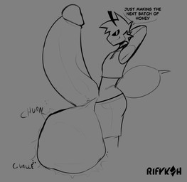 ambiguous_gender ambiguous_prey anthro anthro_pred ball_bulge balls big_balls big_penis bottomwear churn churning_balls clothed clothing cock_vore cropped_hoodie erection genitals gurgle_(sound_effect) gurgling_balls hands_behind_head huge_balls huge_penis hyper hyper_balls hyper_genitalia hyper_penis looking_at_viewer male male_anthro male_pred motion_lines open_bottomwear open_clothing open_shorts penile penis shorts side_view smile smirk solo speech_bubble squirming stinger struggling struggling_prey text vore rifykoh herb_(rifykoh) arthropod bee hymenopteran insect english_text hi_res monochrome sketch