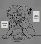 anthro birthday birthday_cake blep cake clothing crop_top dessert dialogue duo eye_spot eyes_closed female femboy food grey_background heart_symbol long_tongue male shirt simple_background slightly_chubby slightly_chubby_anthro slightly_chubby_female smile speech_bubble text thick_thighs tongue tongue_out topwear wide_hips mistresskamba rysoka bear brown_bear giant_panda grizzly_bear mammal ursine english_text greyscale hi_res monochrome