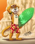 anthro beach clothing floral_print jewelry male necklace red_clothing red_swimming_trunks red_swimwear sand seashell seaside shell shell_necklace solo surfboard swimming_trunks swimwear sagadreams mammal mustelid otter 4:5 hi_res