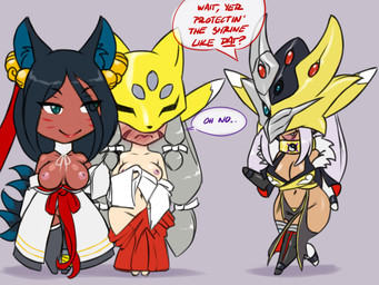 animal_mask asian_clothing bell big_breasts blue_eyes blush breasts chibi clothed clothing collar cuffs_(clothing) cute_fangs dark_body dark_skin dialogue dipstick_tail east_asian_clothing embarrassed fangs female female/female footwear fox_mask gem group headdress inner_ear_fluff japanese_clothing kimono legwear markings mask multi_tail multicolored_tail partially_clothed ribbons sandals shoes simple_background smug stockings tail tail_markings teeth text thigh_highs topless transparent_background trio tuft yin_yang furball bandai_namco digimon fan_character hanakumon hanakumon_x inarimon animal_humanoid canid canid_humanoid canine canine_humanoid digimon_(species) fox_humanoid humanoid mammal mammal_humanoid sakuyamon 4:3 alpha_channel english_text