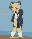 2018 anthro blue_eyes blush bodily_fluids bottomwear clothed clothing domestic_cat english_text felid feline felis front_view fully_clothed fur genital_fluids hi_res holding_tail hoodie male mammal multicolored_body multicolored_fur onomatopoeia pants_wetting peeing ritz_(ritzcat) ritzcat shorts solo sound_effects standing tail tail_between_legs text thought_bubble topwear two_tone_body two_tone_fur urine urine_pool watersports wet wet_clothing wetting white_body white_fur yellow_body yellow_fur