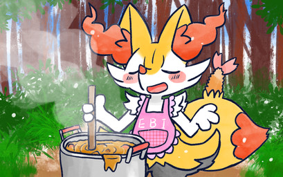 ambiguous_anthro ambiguous_gender anthro apron apron_only biped blush blush_stickers clothing cooking curry detailed_background dipstick_tail eyes_closed food forest_background front_view gesture grass markings object_in_tail open_mouth open_smile outside plant shrimp_(food) shrug smile snout solo standing steam stirring tail tail_markings tree annyui0611 nintendo pokemon braixen canid generation_6_pokemon mammal pokemon_(species) 2023 absurd_res digital_drawing_(artwork) digital_media_(artwork) hi_res japanese_description portrait three-quarter_portrait translated_description