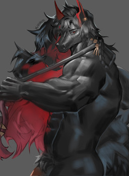 abs anthro black_body black_fur black_hair braided_hair ear_piercing ear_ring fur genitals hair long_hair male multicolored_hair muscular muscular_male penis piercing pose pubes red_accents red_ears red_eyes red_hair ring_piercing solo wuhure arknights hypergryph studio_montagne andenate_maryam equid equine horse kuranta_(arknights) mammal colored digital_drawing_(artwork) digital_media_(artwork) half-length_portrait hi_res portrait shaded