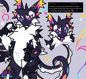 4_tails anthro belly black_body black_fur cheek_tuft chest_tuft facial_tuft fur grey_background grey_body grey_fur male multi_tail multicolored_body multicolored_fur orange_eyes rainbow_body rainbow_fur rainbow_inner_ear simple_background solo spots tail text tongue tongue_out tuft white_belly white_body white_fur ir0sucks kaiju_paradise twitter aquatic cephalopod cetacean coleoid dolphin gootraxian hybrid jawbreaker_(kaiju_paradise) mammal mollusk oceanic_dolphin octopodiform octopus orca toothed_whale 2025 digital_drawing_(artwork) digital_media_(artwork) english_text