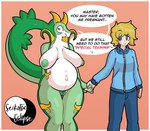 absurd_res anthro areola belly big_areola big_belly big_breasts big_nipples biped blonde_hair blue_eyes blush bottomwear breasts clothed clothed/nude clothed_male clothing dialogue digital_drawing_(artwork) digital_media_(artwork) duo embarrassed english_text eyebrows female fingers generation_5_pokemon genitals green_areola green_body green_nipples green_pussy hair hand_holding heart_symbol hi_res human humanoid interspecies inverted_nipples jacket male mammal navel nintendo nipples nude outie_navel pokemon pokemon_(species) pregnant pregnant_anthro pregnant_female pussy reptile scalie seikatsueclipse serperior simple_background smile speech_bubble standing tail text thick_thighs topwear