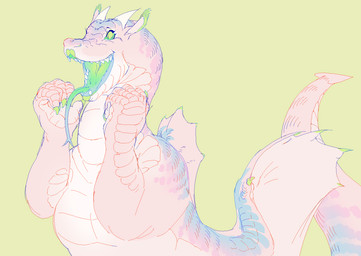 anthro blue_body breasts excited featureless_breasts female female_anthro fist forked_tongue green_background happy horn long_tongue membrane_(anatomy) membranous_wings open_mouth pink_body simple_background solo tongue tongue_out wings entitycore mythology dragon mythological_creature mythological_scalie scalie hi_res male_(lore)