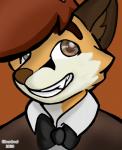 bow_tie brown_eyes brown_hair clothing fangs fur hair male multicolored_body multicolored_fur shirt smile solo teeth topwear silverdrool canid canine canis mammal wolf headshot_portrait portrait