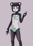 5_fingers :3 anthro bangs bikini black_body black_eyelids black_eyes black_fur black_hair black_nose blue_eyes blunt_bangs camel_toe clothed clothing fangs female fingers flat_chested fur gesture green_eyes grey_background hair hand_gesture heterochromia looking_at_viewer micro_bikini multicolored_body multicolored_fur navel open_mouth open_smile simple_background skimpy slim smile solo swimwear teeth tongue triangle_bikini two-piece_swimsuit two_tone_body two_tone_fur v_sign white_body white_fur young young_anthro yuhbuh bear giant_panda mammal absurd_res hi_res