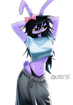 anthro black_hair clothing female fur hair panties purple_body purple_fur solo underwear yellow_eyes crossit0 glitch_productions the_amazing_digital_circus gooseworx's_post-transition_jax_design jax_(tadc) lagomorph leporid mammal rabbit hi_res