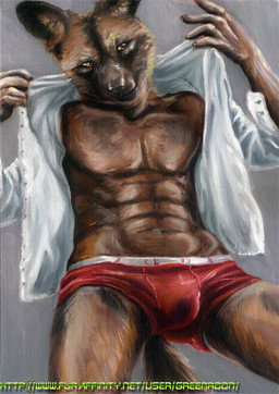 abs anthro brown_body brown_fur bulge claws clothed clothing fur grey_background male muscular open_clothing open_shirt open_topwear red_clothing red_underwear shirt simple_background smile solo text topwear underwear white_button-down_shirt white_clothing white_shirt white_topwear green_roon african_wild_dog canid canine mammal 2019 colored oil_painting_(artwork) painting_(artwork) traditional_media_(artwork) traditional_painting_(artwork) url