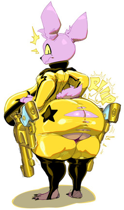 anthro big_breasts big_butt bodysuit bottomwear breasts butt clothing female fur gold_bodysuit gun_holster holster holstered_pistol holstered_revolver legwear looking_back_at_self purple_body purple_fur scut_tail short_tail simple_background skinsuit solo star stirrup_legwear stirrup_stockings stockings tail thick_thighs tight_clothing torn_bodysuit torn_bottomwear torn_clothing torn_skinsuit wardrobe_malfunction white_background yellow_clothing yellow_eyes yellow_skinsuit goatboydraws species_request hi_res
