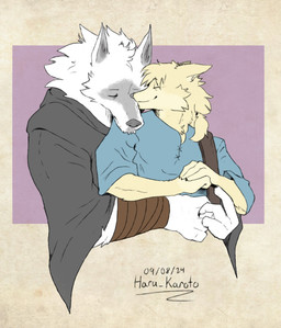 anthro arm_wrapping arm_wraps arms_around_partner arms_around_waist bangs cheek_tuft chin_tuft claws cloak clothing duo ears_down eyes_closed facial_markings facial_tuft fluffy fur fuzzy hands_together head_markings head_on_shoulder head_tuft hug hugging_another hugging_from_behind male male/male markings mask_(marking) neck_tuft pivoted_ears pointy_ears poncho prick_ears romantic romantic_couple shirt simple_background size_difference smile standing topwear tuft white_body white_fur wrapped_arms wraps yellow_body yellow_fur harukaroto dreamworks puss_in_boots_(franchise) death_(puss_in_boots) haru_(haru_karoto) canid canine canis fox mammal wolf 2024 absurd_res hi_res signature
