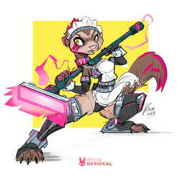 anthro armwear breasts broom brown_body brown_fur cleaning_tool clothing collar elbow_gloves female fur gloves handwear maid_uniform pink_nose solo tail underwear uniform yellow_eyes kiaun brolly_ferret domestic_ferret mammal mustelid musteline true_musteline weasel 1:1 hi_res