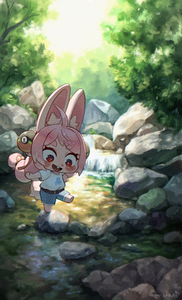 ahoge anthro barefoot blush bottomwear braided_pigtails chibi clothed clothed_anthro clothed_female clothing creek detailed_background feet female flat_chested fully_clothed fully_clothed_anthro fully_clothed_female fur hair inner_ear_fluff nature outside pants pink_body pink_fur pink_hair red_eyes rock scut_tail shirt short_tail solo tail topwear tuft water peppergecko72 mihoyo zenless_zone_zero zhao_(zenless_zone_zero) lagomorph leporid mammal rabbit thiren 2026 absurd_res hi_res