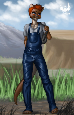 5_fingers 5_toes anthro backpack barefoot biped black_eyebrows blue_clothing blue_overalls brown_body brown_fur brown_tail claws clothed clothed_anthro clothed_male clothing cloud collarbone countershade_face countershade_neck countershade_torso countershading day eyebrows eyelashes feet fingers front_view fully_clothed fully_clothed_anthro fully_clothed_male fur glistening glistening_eyes glistening_nose grass grey_backpack grey_claws grey_clothing grey_nose grey_shirt grey_t-shirt grey_topwear hair humanoid_feet humanoid_hands iris long_tail looking_at_viewer male male_anthro monotone_clothing monotone_hair monotone_overalls monotone_shirt monotone_t-shirt monotone_topwear multicolored_body orange_eyes orange_hair outside overalls plant plantigrade pupils shirt short_hair sky slim slim_anthro slim_male smile smiling_at_viewer solo standing t-shirt tail toe_claws toes topwear two_tone_body whiskers white_body white_countershading white_inner_ear white_sclera eldiman mammal mustelid otter 2020 digital_media_(artwork) full-length_portrait hi_res portrait