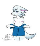 anthro blue_clothing blue_eyes blush breasts clothing female nipples presenting presenting_breasts simple_background solo tail white_background haise2912 animal_crossing nintendo whitney_(animal_crossing) canid canine canis mammal wolf digital_media_(artwork)