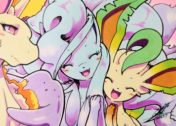 ambiguous_gender blue_body blue_fur blue_hair blush blush_lines eyelashes eyes_closed fangs feral fur group hair happy horn multi_tail open_mouth open_smile paws pink_eyes purple_body size_difference smile tail teeth tongue yellow_body yellow_fur 025aki mythology nintendo pokemon alolan_form alolan_ninetales canid canine ditto_(pokemon) eeveelution equid equine generation_1_pokemon generation_4_pokemon generation_7_pokemon leafeon mammal mythological_creature mythological_equine pokemon_(species) rapidash regional_form_(pokemon) unicorn 2026 absurd_res dated hi_res signature