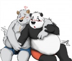 anthro bear belly_overhang blue_eyes blush bod brown_eyes canid canine canis domestic_dog duo facial_piercing giant_panda grope heart_symbol heterochromia jakegr kanon male male/male mammal nose_piercing nose_ring overweight piercing red_eyes ring_piercing septum_piercing simple_background tail white_background