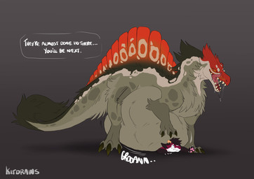 after_vore ambiguous_gender belly belly_squish black_body black_claws black_fur black_hair black_spots black_tail claws dialogue duo feral feral_pred fur grey_background grey_body hair red_body red_eyes red_fur simple_background spots squish tail talking_feral text tongue tongue_out vore kitdraws dinosaur prehistoric_species reptile scalie species_request 2026 english_text hi_res watermark