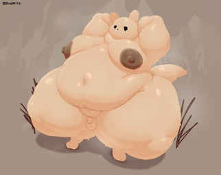 anthro balls big_butt big_moobs black_eyes black_nose bodily_fluids brown_nipples butt crouching fur genitals half-closed_eyes hands_behind_head hands_behind_own_head huge_butt larger_but_small male micropenis moobs narrowed_eyes navel nipples nude obese obese_anthro obese_male outside overweight overweight_anthro overweight_male penis pose small_balls small_penis solo sweat tail tan_body tan_ears tan_fur tan_tail text thick_thighs three-quarter_view axoarts rain_world videocult gourmand_(rain_world) slugcat 2026 artist_name digital_media_(artwork) hi_res